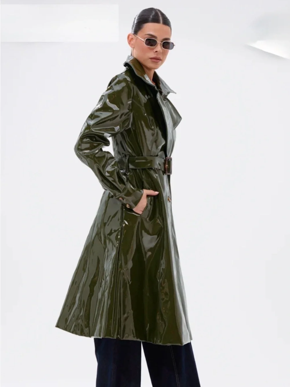 AKIRA MITICA PATENT TRENCH IN OLIVE Size LL - Picture 1 of 6